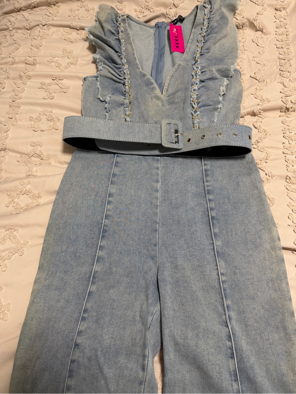 Light Wash Denim Jumpsuit with Belt - Women Jeans